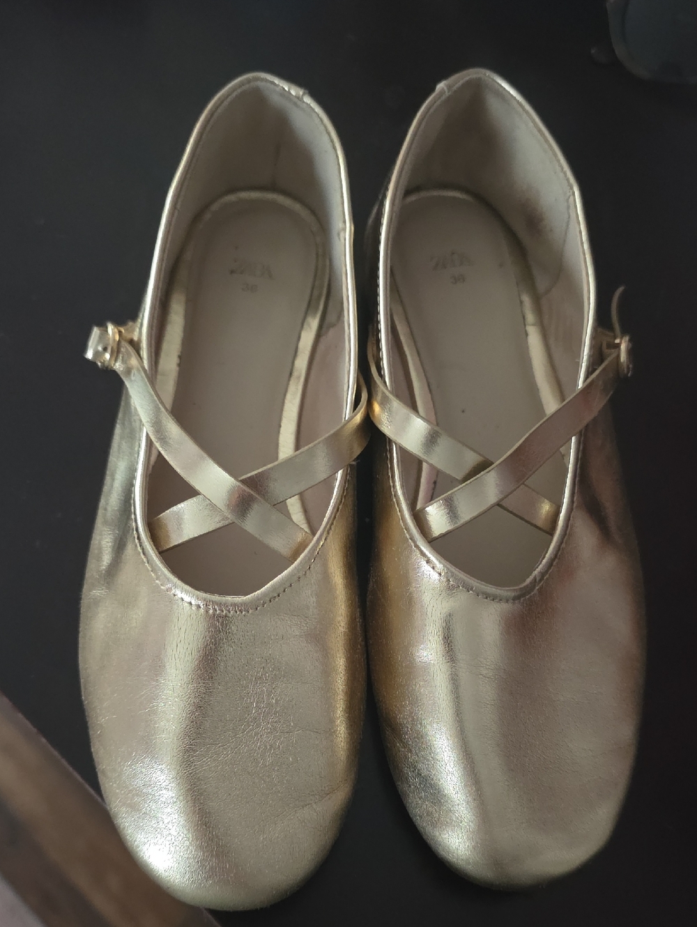 Zara Girls Metallic Gold Crisscross Mary Jane Flats